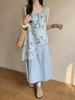 Tie-dye Floral Camisole Dress Women Summer Gentle Style Irregular Fake Two-piece Slim A-line Long Dress